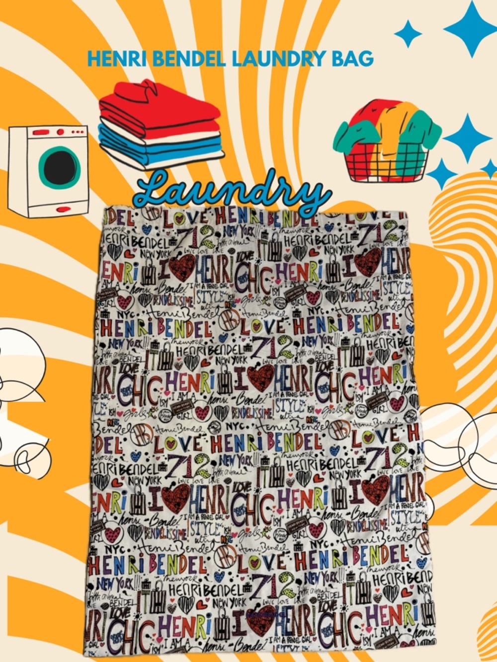 HENRI BENDEL Drawstring White Multi 'Love' Print Laundry Bag.